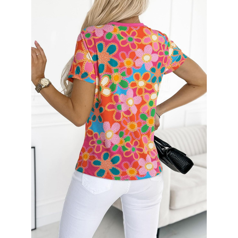 Damska różowa koszulka z kwiatowym nadrukiem