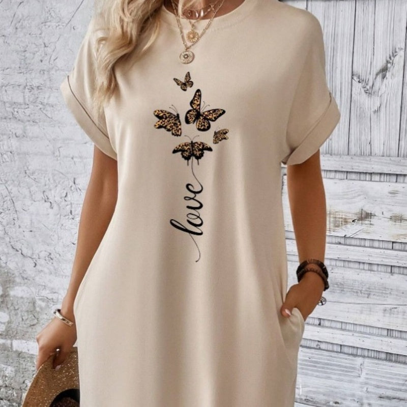 💖 Sukienka casualowa z okrągłym dekoltem i haftowanymi motylami