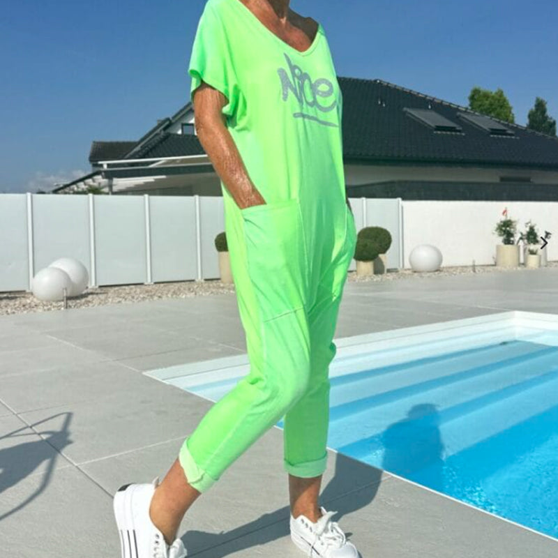 💖【S~5XL】Damski kombinezon z nadrukowanymi literami w dużych rozmiarach, swobodny, z kieszeniami