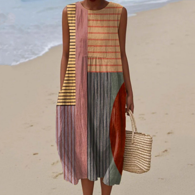 Modna damska sukienka bez rękawów z okrągłym dekoltem