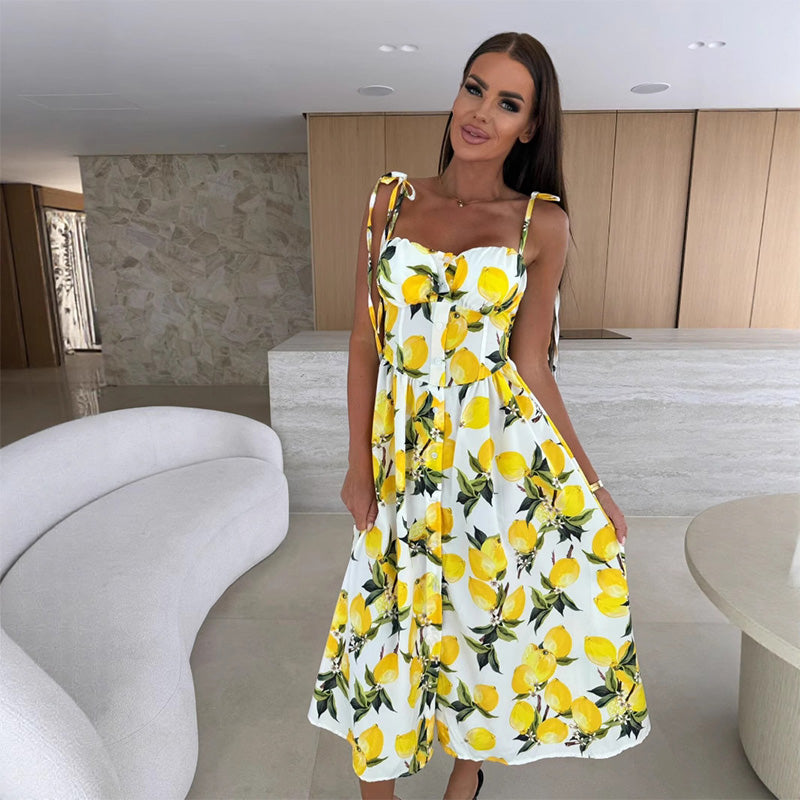 👗Elegancka damska sukienka na cienkich ramiączkach z kwiatowym nadrukiem