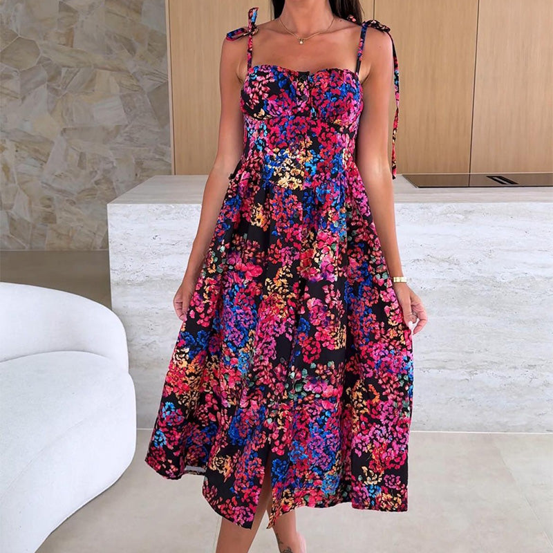 👗Elegancka damska sukienka na cienkich ramiączkach z kwiatowym nadrukiem