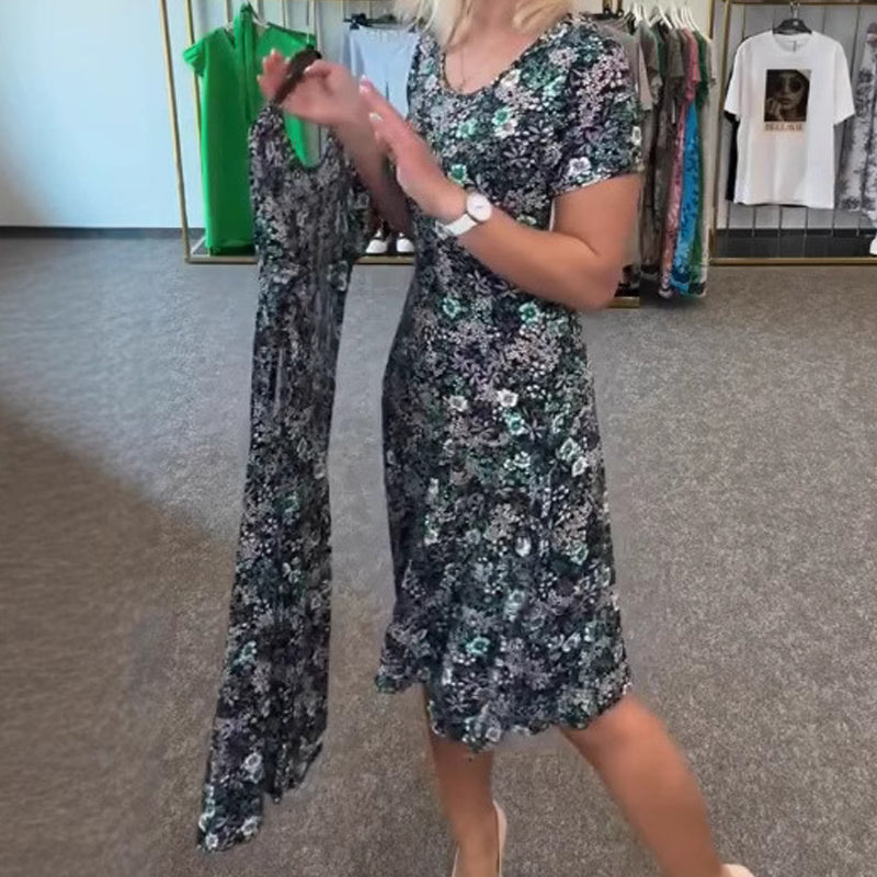 Damska sukienka casualowa z kwiatowym nadrukiem na szyi