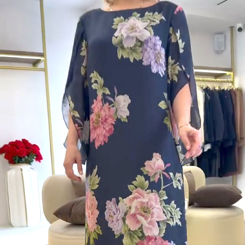 Elegancka długa sukienka damska z nadrukiem na szyi