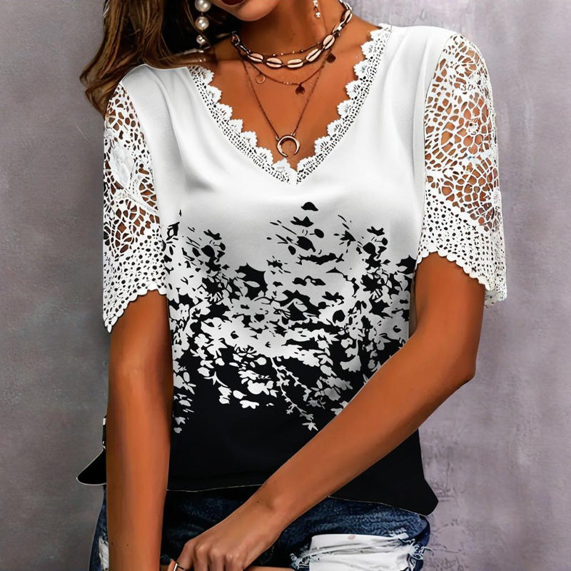 Koronka z nadrukiem i krótkimi rękawami