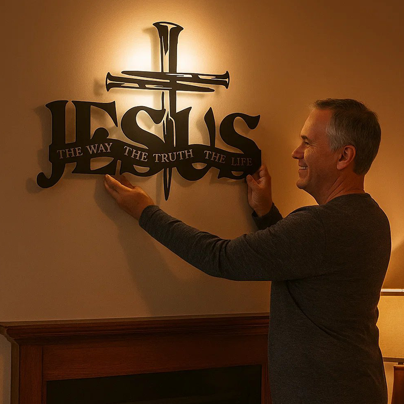 Metalowa dekoracja ścienna z krzyżem Jezus Prawda