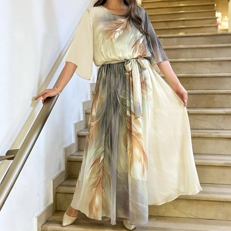 Sukienka maxi z okrągłym dekoltem i nadrukiem, z paskiem