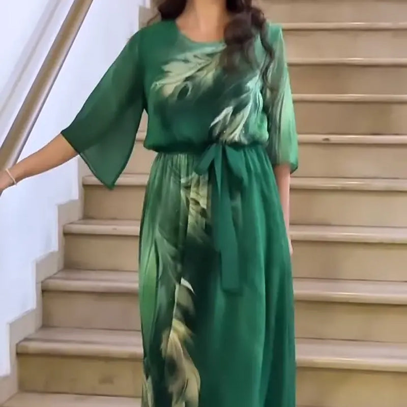 Sukienka maxi z okrągłym dekoltem i nadrukiem, z paskiem