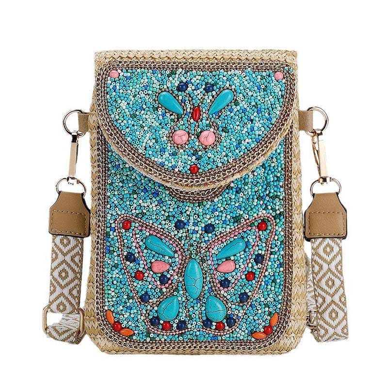 Boho Chic Mała Słomiana Torebka z Koralikami