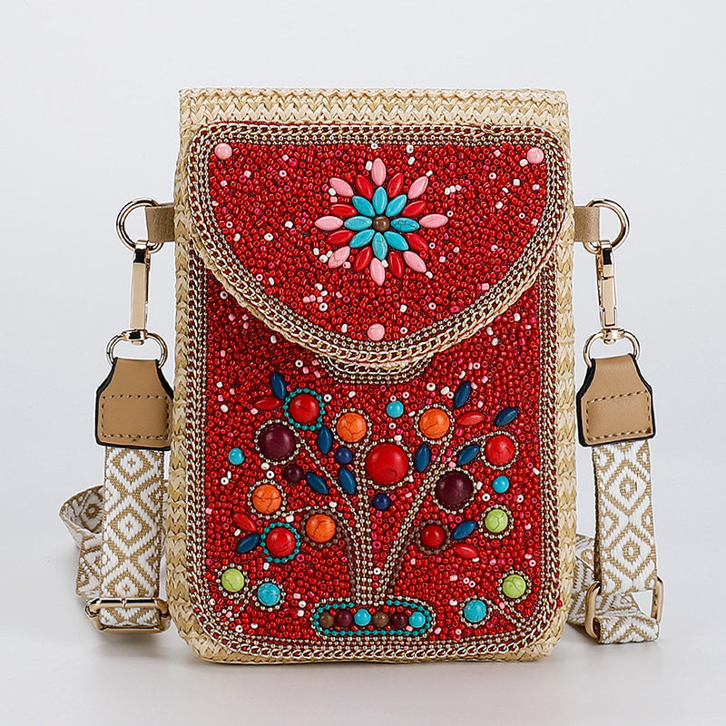 Boho Chic Mała Słomiana Torebka z Koralikami