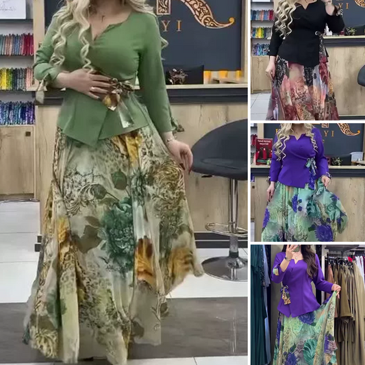 💜Elegancki top i spódnica z motywem kwiatowym, dwuczęściowy komplet