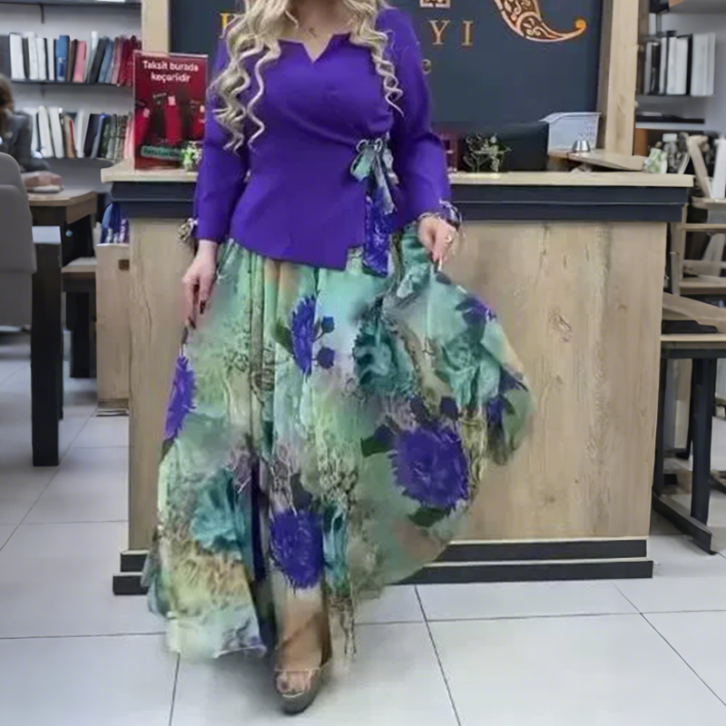 💜Elegancki top i spódnica z motywem kwiatowym, dwuczęściowy komplet