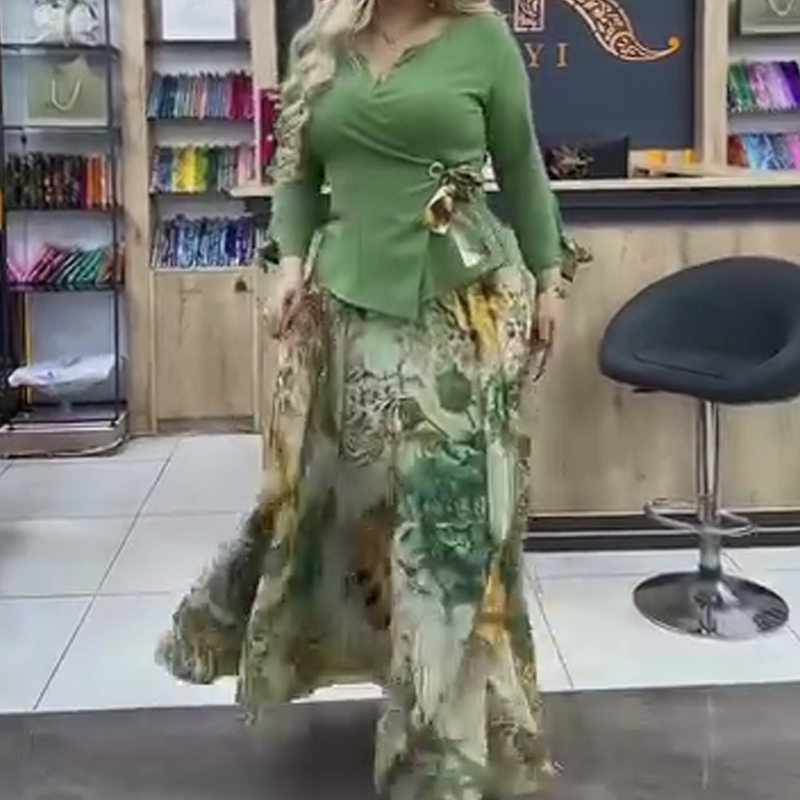 💜Elegancki top i spódnica z motywem kwiatowym, dwuczęściowy komplet