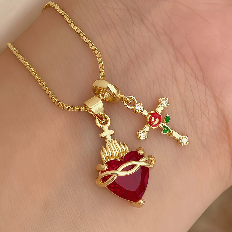🖤🎁 Mistyczny, gotycki wisiorek w kształcie serca i krzyża z różą 💖